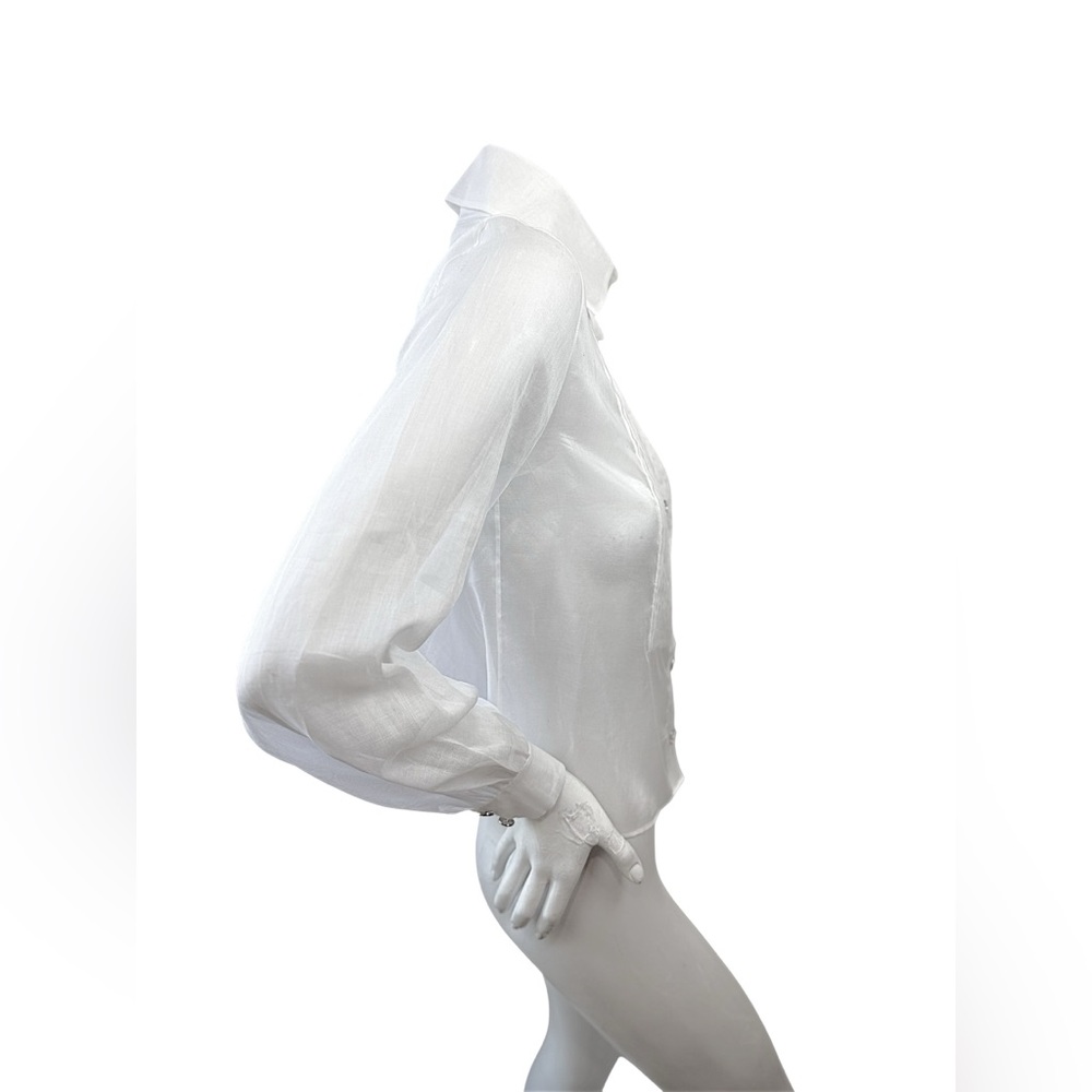 CHANEL White Silk Pleated Tuxedo Blouse CC Buttons 34 - Picture 3 of 10